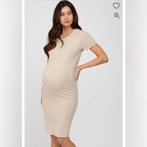 Pink blush Beige Ribbed Fitted Maternity Dress